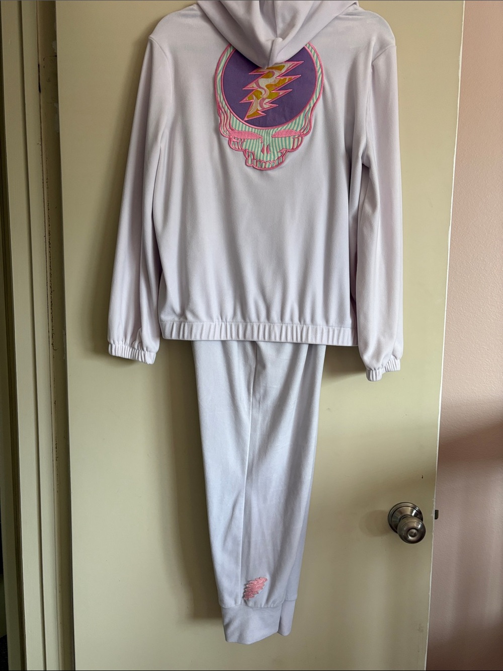 Grateful Dead inspired Upcycled 2 piece White Zip Up Hoodie pants set